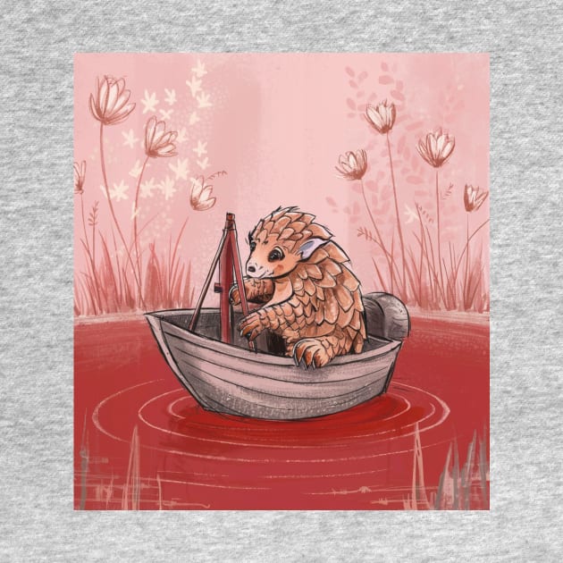 AI generated floral lake Pangolin on boat by Catbrat